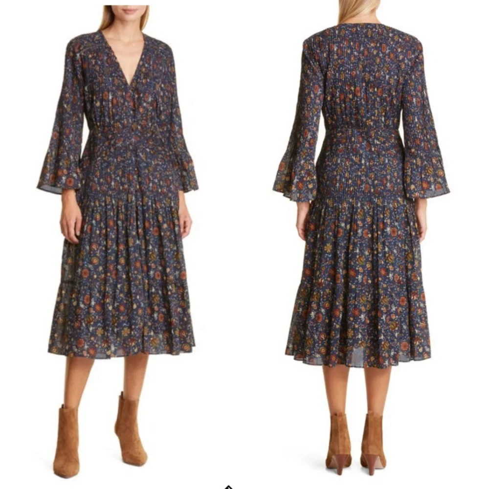 Veronica Beard Shireen Pleated Floral Midi-Dress Ink color Size 2 NWOT Romantic - Picture 1 of 15